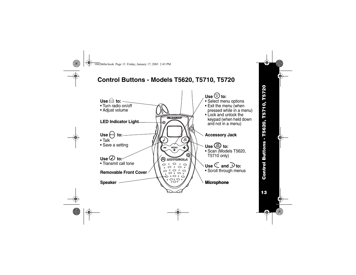 Control buttons t5620/t5710/t5720 | Motorola T5620 User Manual | Page 15 / 33