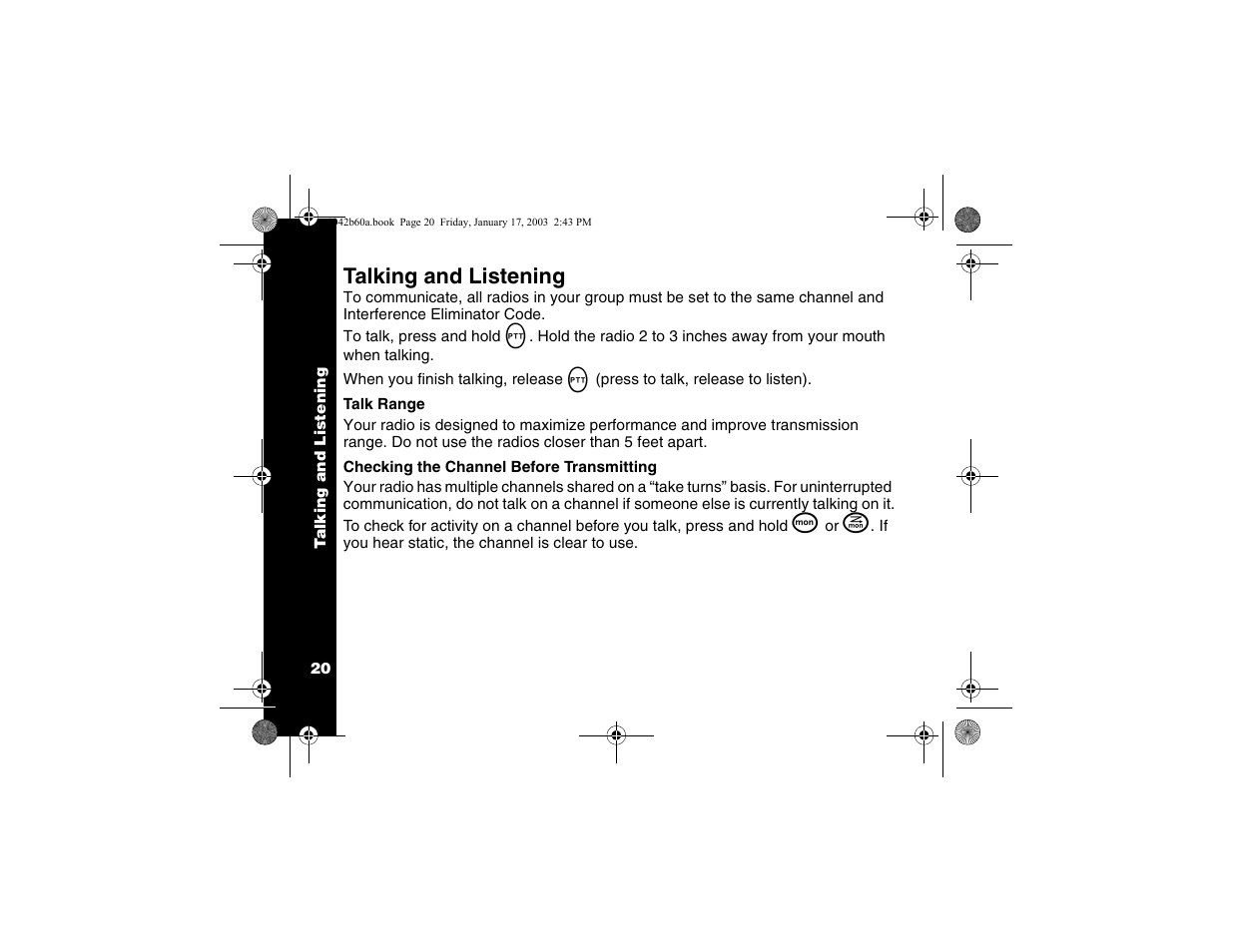 Talking and listening, Talk range, Checking the volume before transmitting | Motorola T5620 User Manual | Page 22 / 33