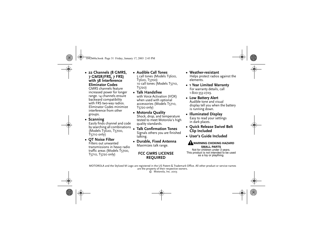 Features at a glance | Motorola T5620 User Manual | Page 33 / 33