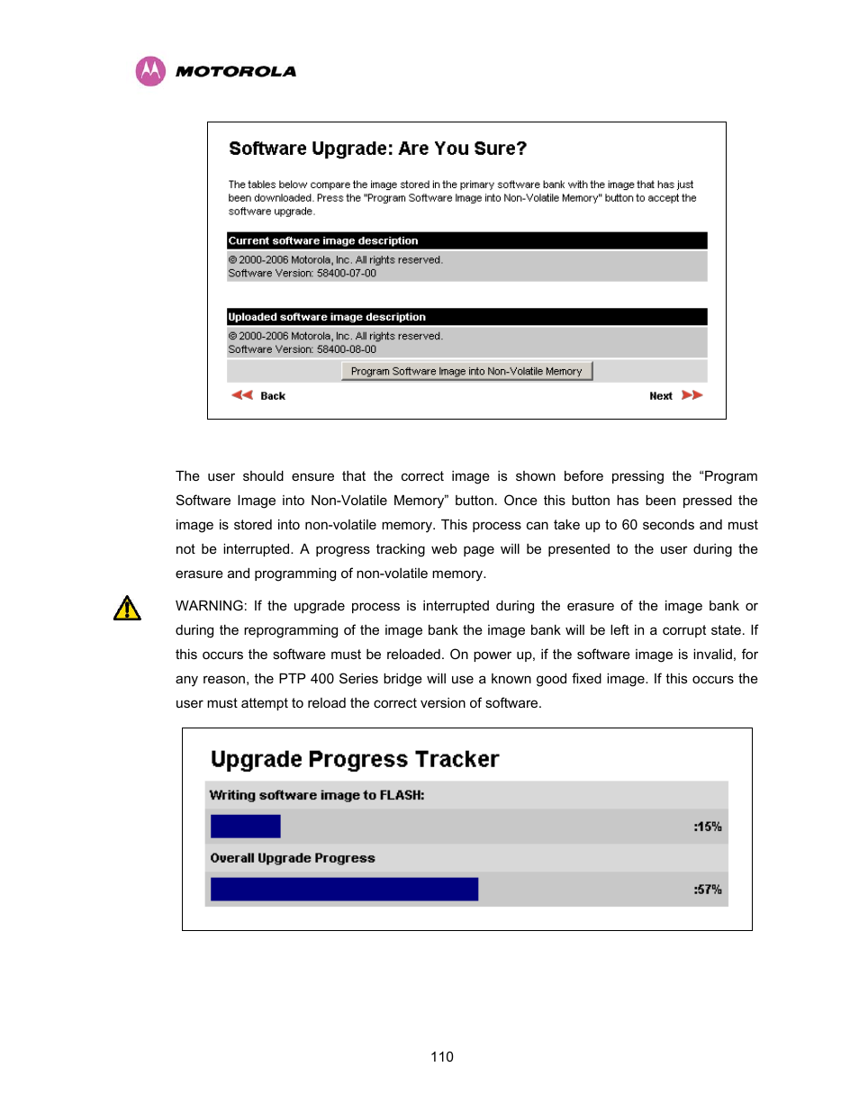 Figure 53 - software upgrade image check, Figure 54 - overall progress tracker | Motorola PTP 400 Series User Manual | Page 112 / 208