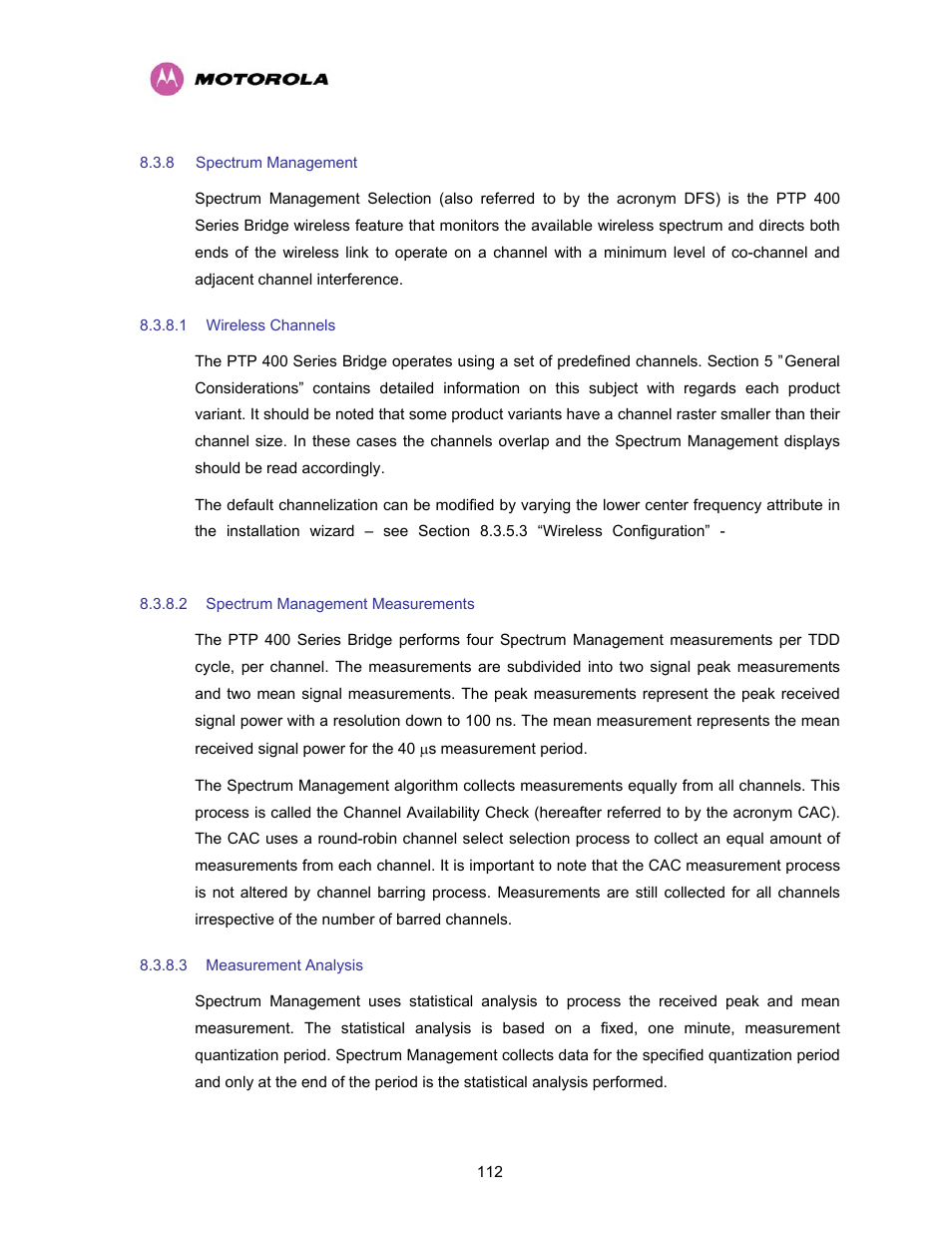 8 spectrum management, 1 wireless channels, 2 spectrum management measurements | 3 measurement analysis, Spectrum management, Wireless channels, Spectrum management measurements, Measurement analysis | Motorola PTP 400 Series User Manual | Page 114 / 208