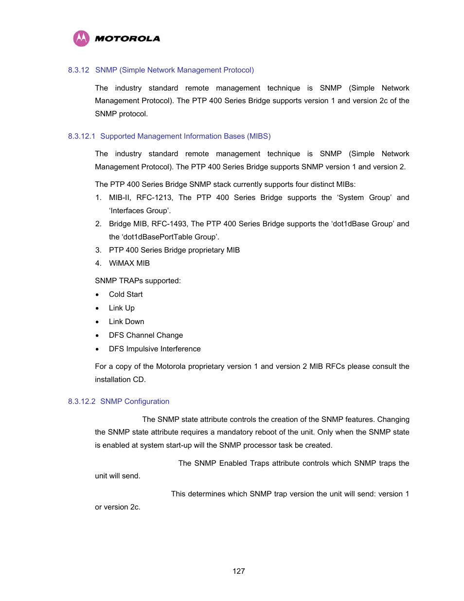 12 snmp (simple network management protocol), 1 supported management information bases (mibs), 2 snmp configuration | Snmp (simple network management protocol), Supported management information bases (mibs), Snmp configuration | Motorola PTP 400 Series User Manual | Page 129 / 208