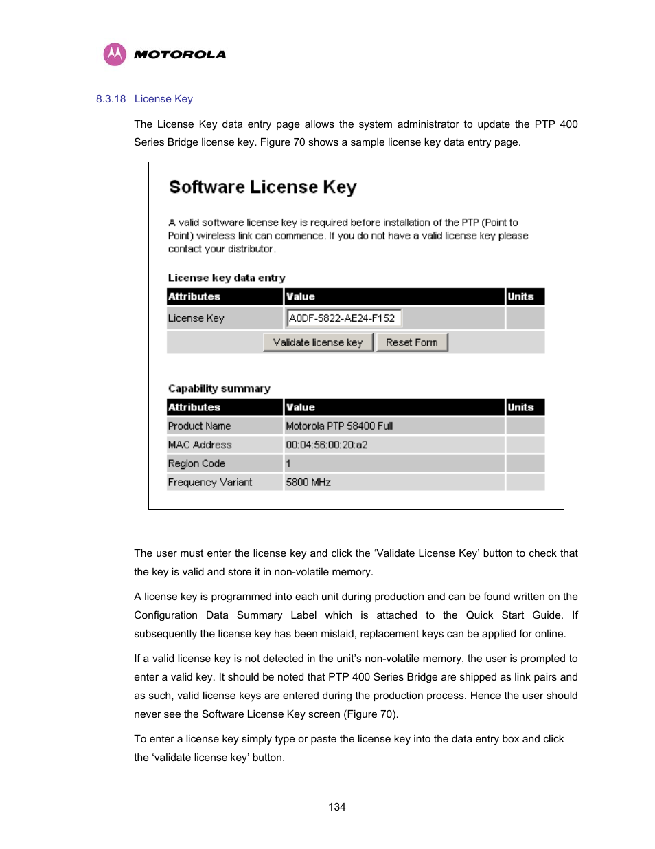 18 license key, License key, Figure 70 - software license key data entry | Motorola PTP 400 Series User Manual | Page 136 / 208