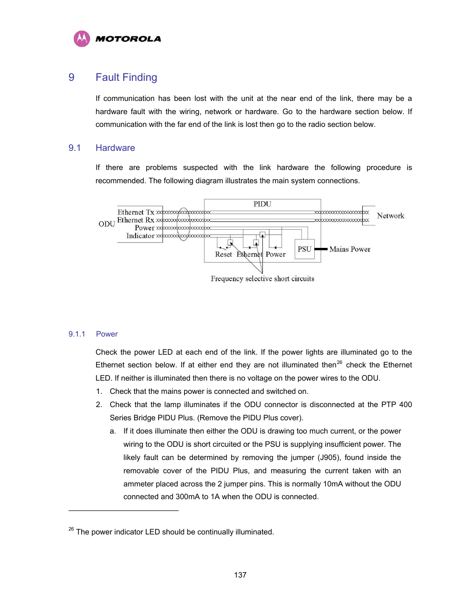 9 fault finding, 1 hardware, 1 power | Fault finding, Hardware, Power, Figure 74 - main system connections | Motorola PTP 400 Series User Manual | Page 139 / 208