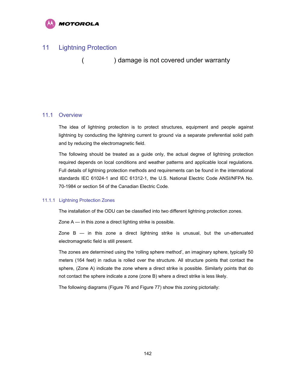 11 lightning protection, 1 overview, 1 lightning protection zones | Lightning protection, Overview, Lightning protection zones | Motorola PTP 400 Series User Manual | Page 144 / 208