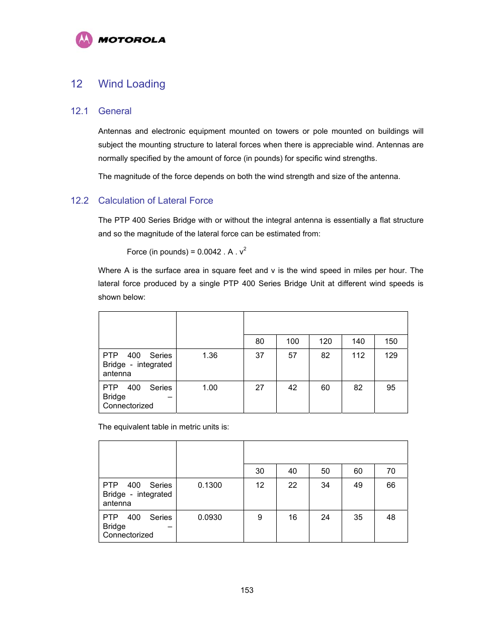 12 wind loading, 1 general, 2 calculation of lateral force | Wind loading, General, Calculation of lateral force | Motorola PTP 400 Series User Manual | Page 155 / 208