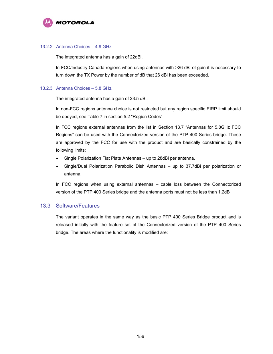 2 antenna choices – 4.9 ghz, 3 antenna choices – 5.8 ghz, 3 software/features | Antenna choices – 4.9 ghz, Antenna choices – 5.8 ghz, Software/features | Motorola PTP 400 Series User Manual | Page 158 / 208