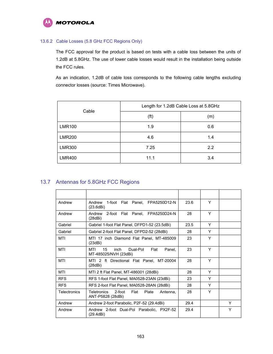 2 cable losses (5.8 ghz fcc regions only), 7 antennas for 5.8ghz fcc regions, Cable losses (5.8 ghz fcc regions only) | Antennas for 5.8ghz fcc regions, Table 19 - cable losses per length, Antennas for 5.8ghz fcc, Regions” can | Motorola PTP 400 Series User Manual | Page 165 / 208