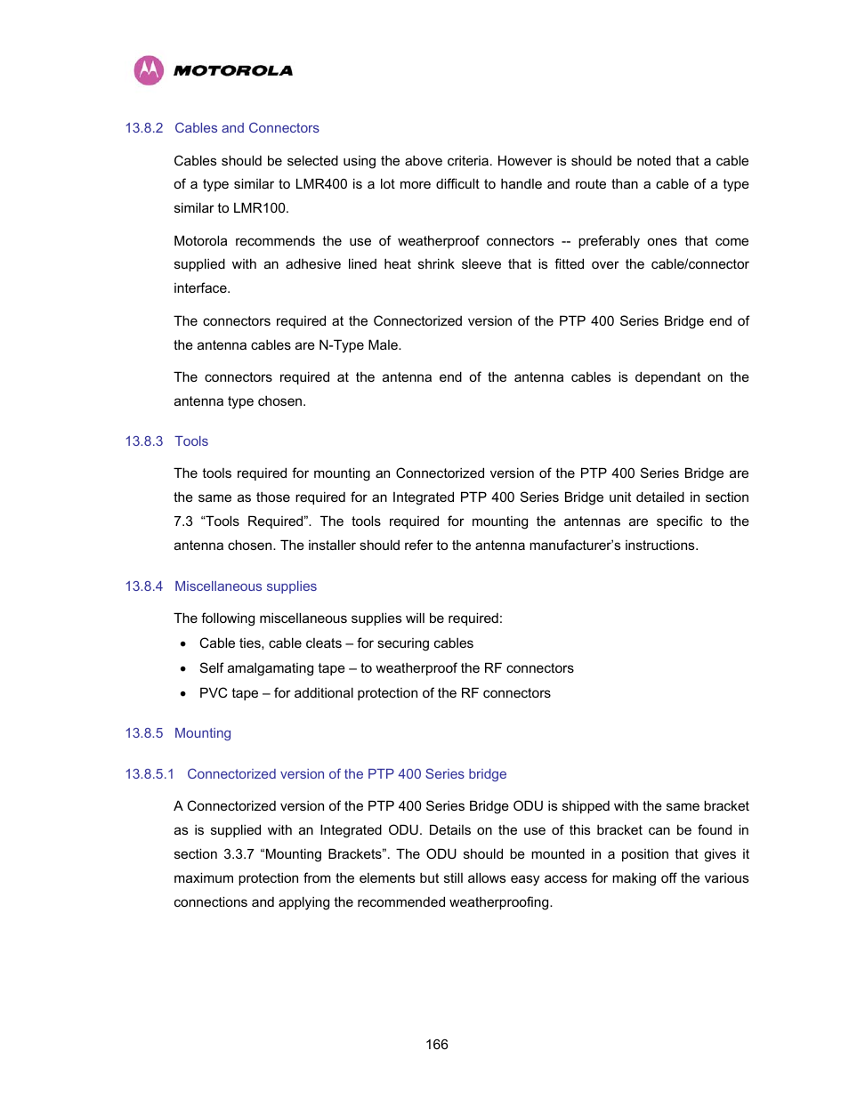 2 cables and connectors, 3 tools, 4 miscellaneous supplies | 5 mounting, Cables and connectors, Tools, Miscellaneous supplies, Mounting, Connectorized version of the ptp 400 series bridge | Motorola PTP 400 Series User Manual | Page 168 / 208