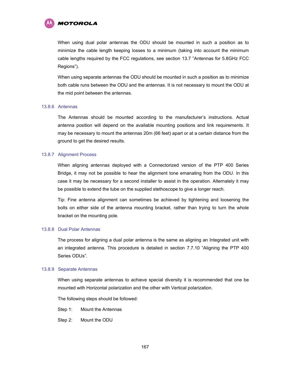 6 antennas, 7 alignment process, 8 dual polar antennas | 9 separate antennas, Antennas, Alignment process, Dual polar antennas, Separate antennas | Motorola PTP 400 Series User Manual | Page 169 / 208