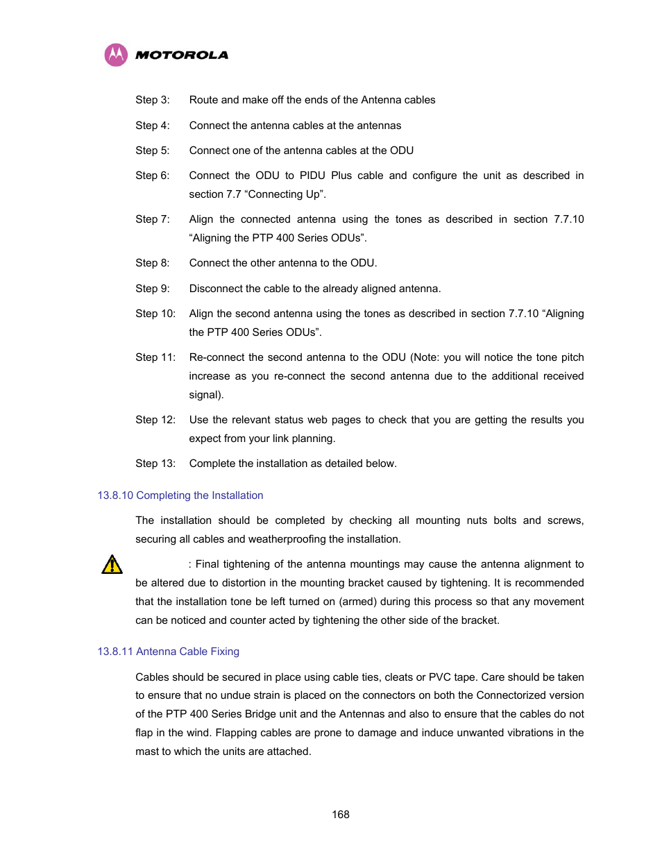 10 completing the installation, 11 antenna cable fixing, Completing the installation | Antenna cable fixing | Motorola PTP 400 Series User Manual | Page 170 / 208