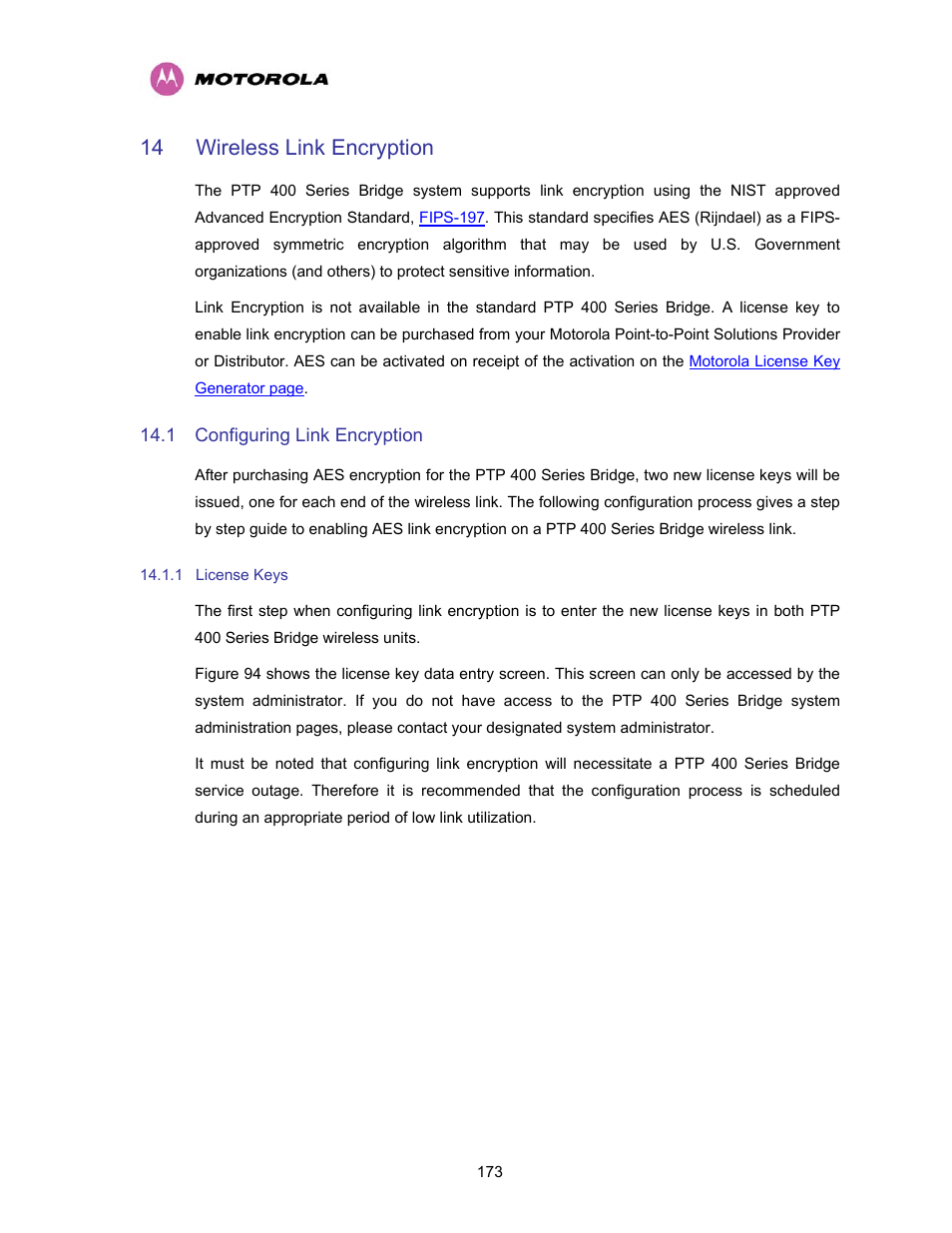 14 wireless link encryption, 1 configuring link encryption, 1 license keys | Wireless link encryption, Configuring link encryption, License keys | Motorola PTP 400 Series User Manual | Page 175 / 208