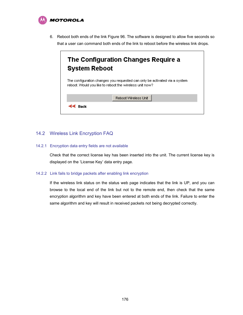 2 wireless link encryption faq, 1 encryption data entry fields are not available, Wireless link encryption faq | Encryption data entry fields are not available, Figure 96 - configuration reboot screen | Motorola PTP 400 Series User Manual | Page 178 / 208