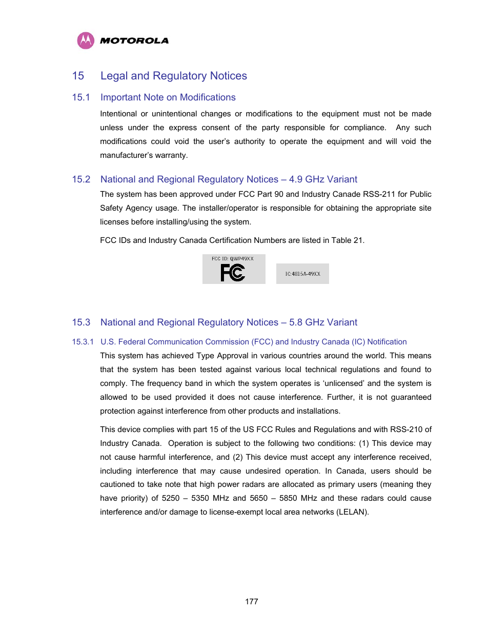 15 legal and regulatory notices, 1 important note on modifications, Legal and regulatory notices | Important note on modifications | Motorola PTP 400 Series User Manual | Page 179 / 208