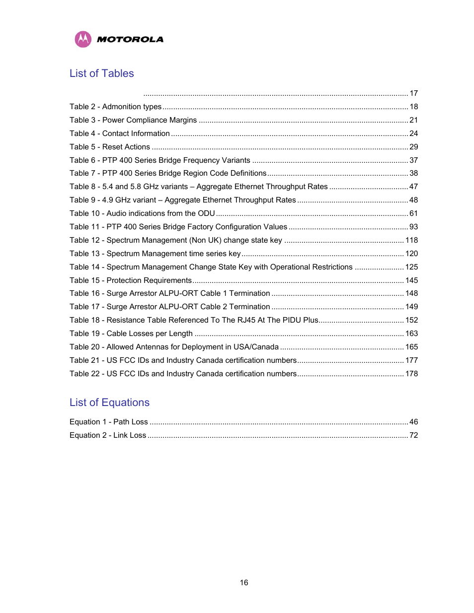 List of tables, List of equations | Motorola PTP 400 Series User Manual | Page 18 / 208