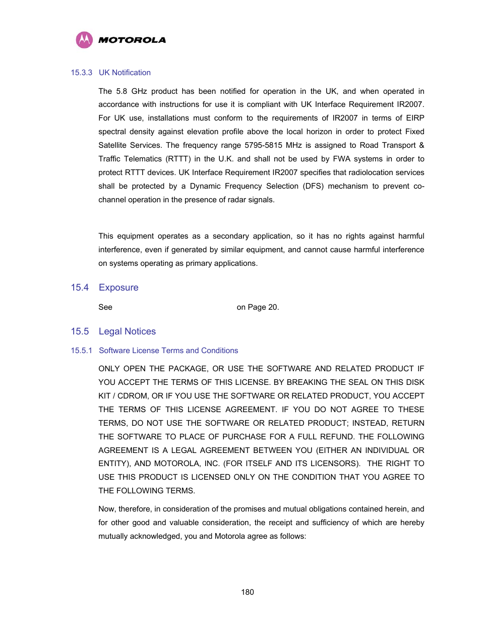 3 uk notification, 4 exposure, 5 legal notices | 1 software license terms and conditions, Uk notification, Exposure, Legal notices, Software license terms and conditions | Motorola PTP 400 Series User Manual | Page 182 / 208