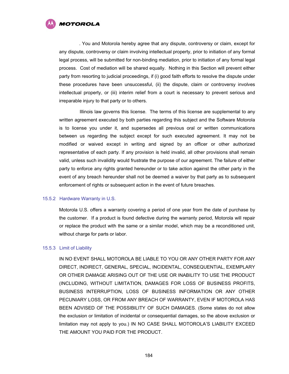 2 hardware warranty in u.s, 3 limit of liability, Hardware warranty in u.s | Limit of liability | Motorola PTP 400 Series User Manual | Page 186 / 208