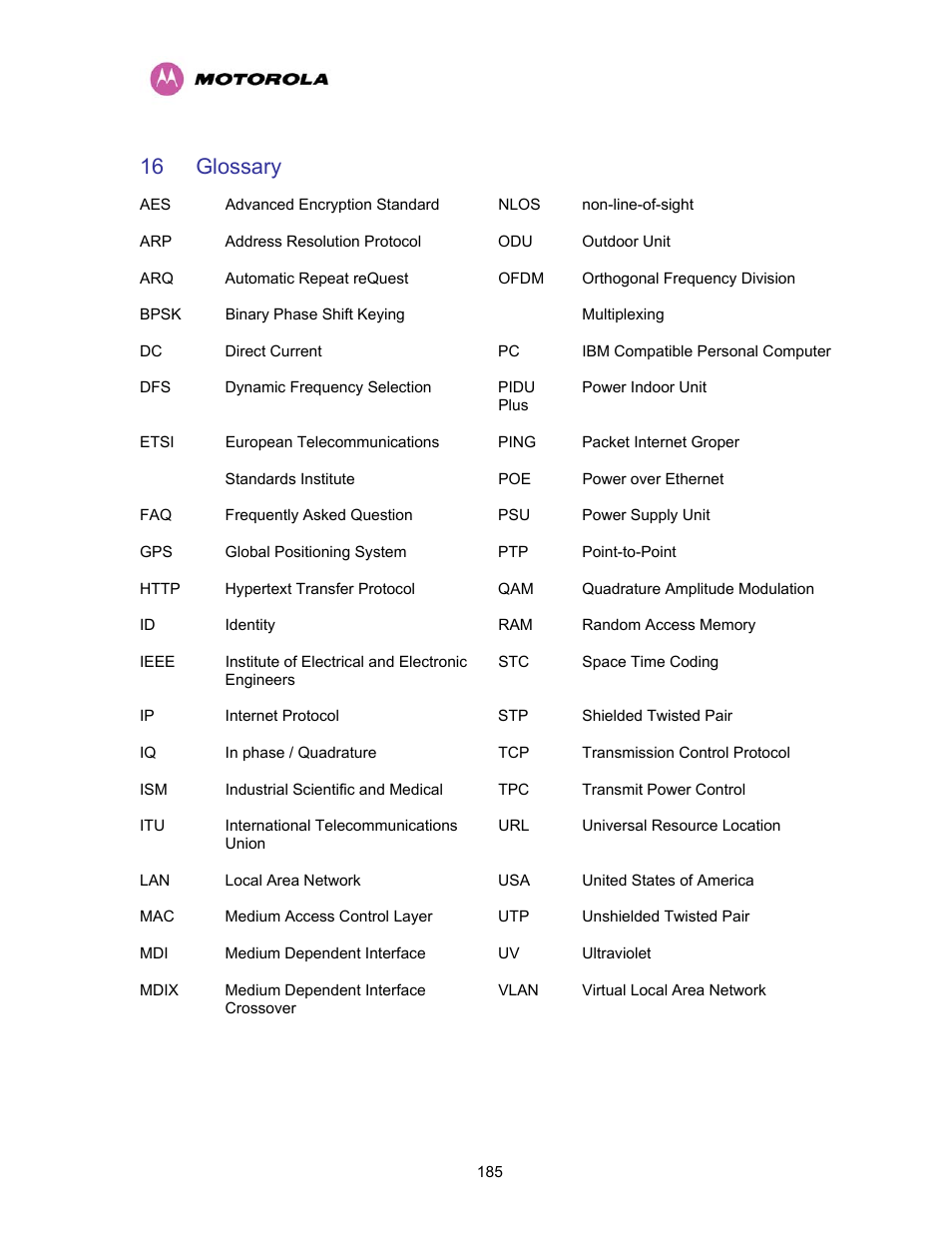 16 glossary, Glossary | Motorola PTP 400 Series User Manual | Page 187 / 208