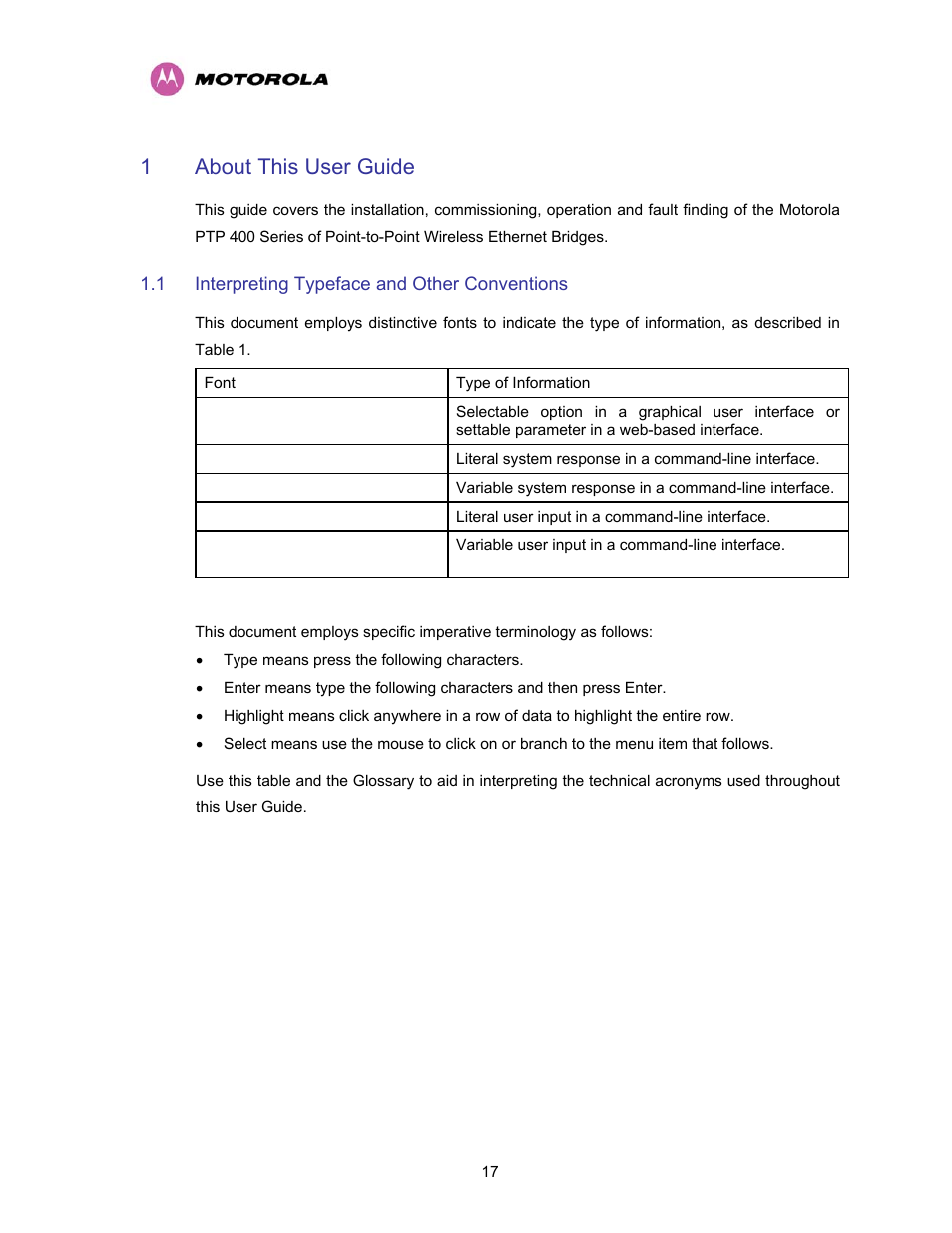 1 about this user guide, 1 interpreting typeface and other conventions, About this user guide | Interpreting typeface and other conventions, Table 1 - font types, 1about this user guide | Motorola PTP 400 Series User Manual | Page 19 / 208