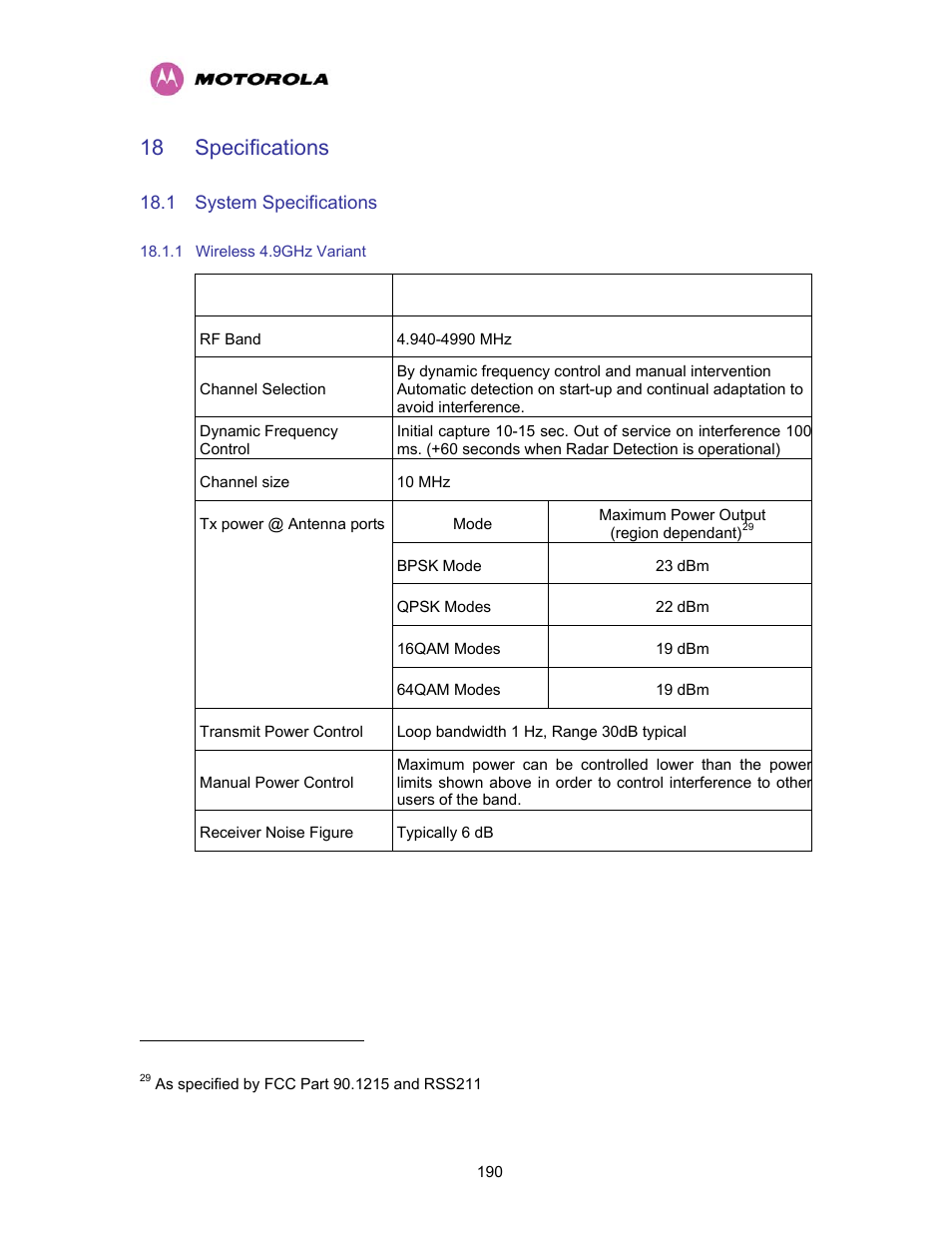 18 specifications, 1 system specifications, 1 wireless 4.9ghz variant | Specifications, System specifications, Wireless 4.9ghz variant | Motorola PTP 400 Series User Manual | Page 192 / 208