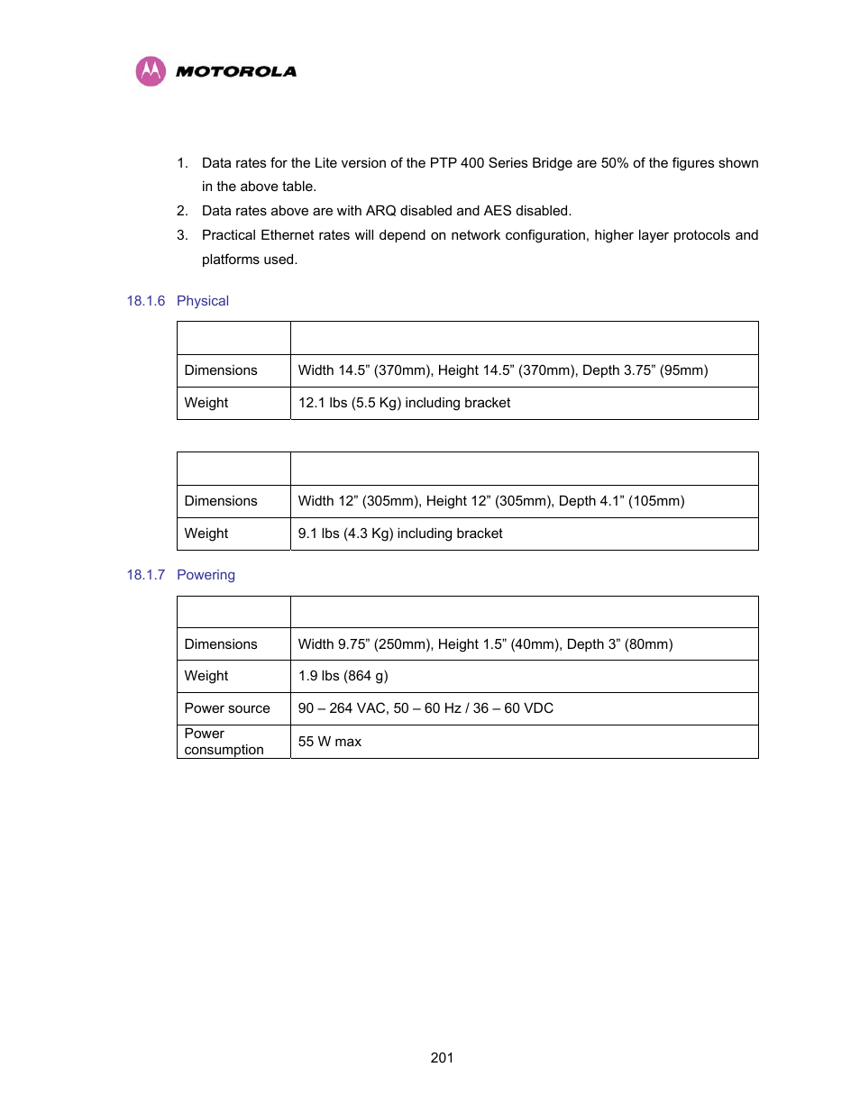 6 physical, 7 powering, Physical | Powering | Motorola PTP 400 Series User Manual | Page 203 / 208