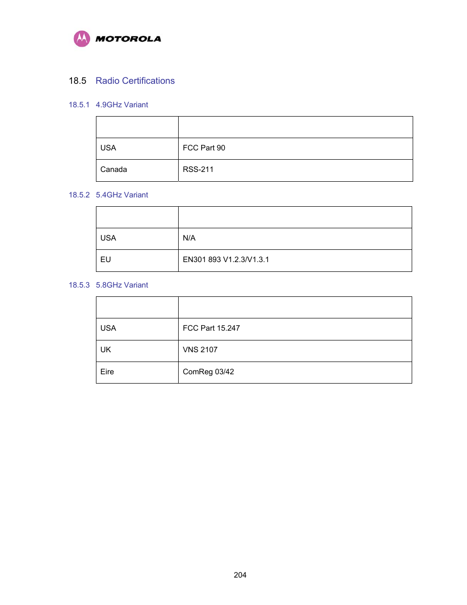 5 radio certifications, 1 4.9ghz variant, 2 5.4ghz variant | 3 5.8ghz variant, Radio certifications, 9ghz variant, 4ghz variant, 8ghz variant | Motorola PTP 400 Series User Manual | Page 206 / 208