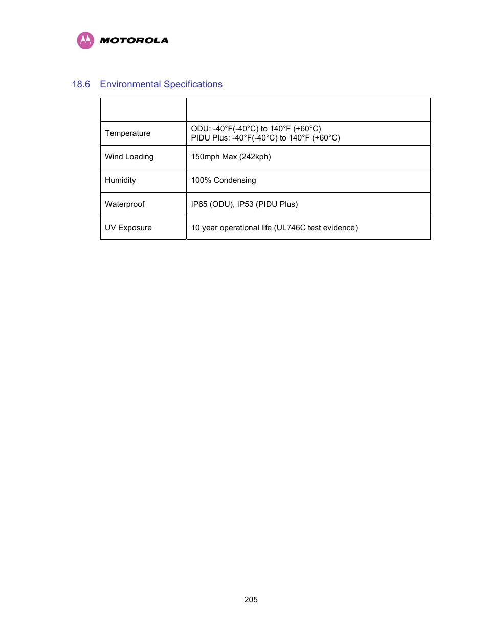 6 environmental specifications, Environmental specifications | Motorola PTP 400 Series User Manual | Page 207 / 208