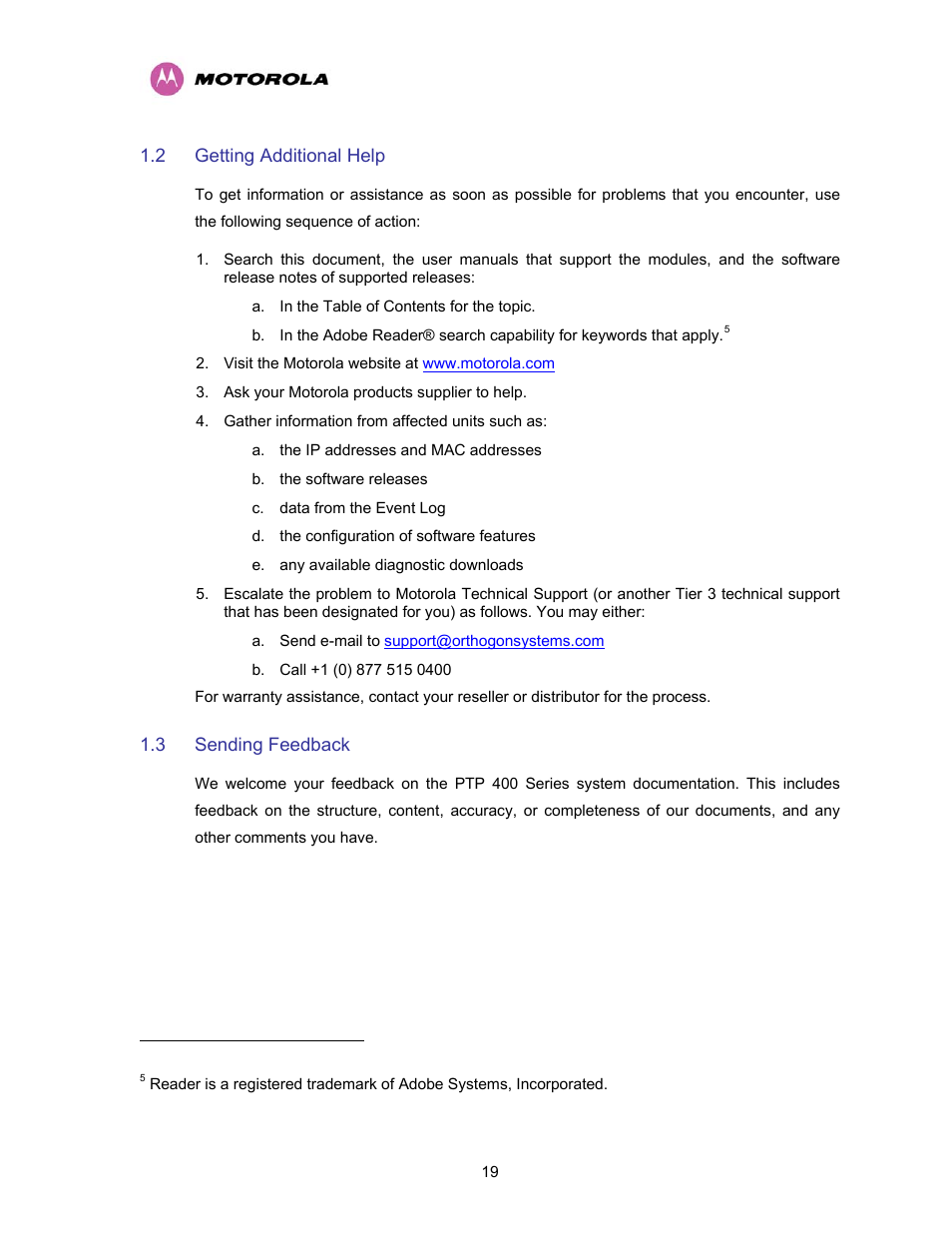 2 getting additional help, 3 sending feedback, Getting additional help | Sending feedback | Motorola PTP 400 Series User Manual | Page 21 / 208