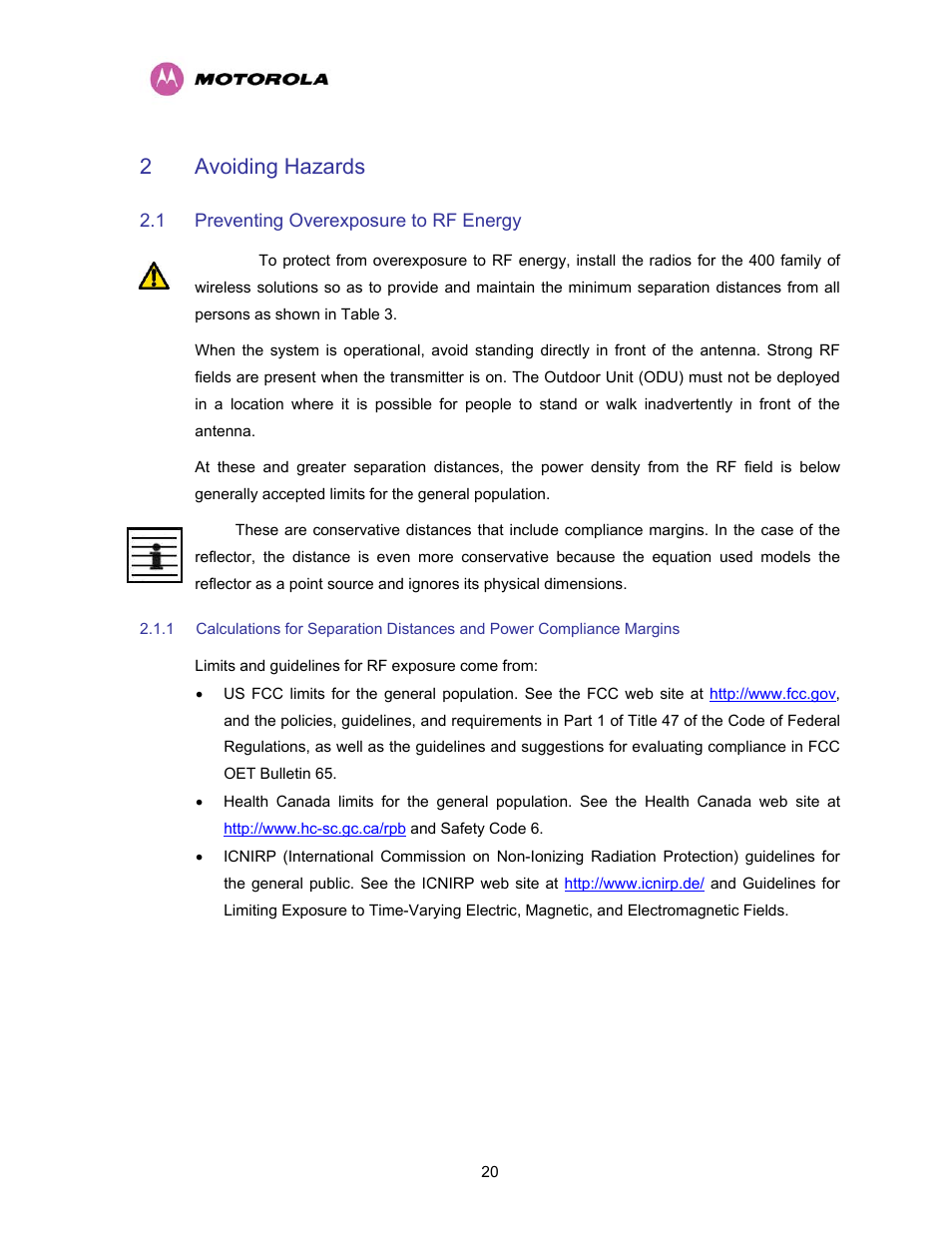 2 avoiding hazards, 1 preventing overexposure to rf energy, Avoiding hazards | Preventing overexposure to rf energy | Motorola PTP 400 Series User Manual | Page 22 / 208