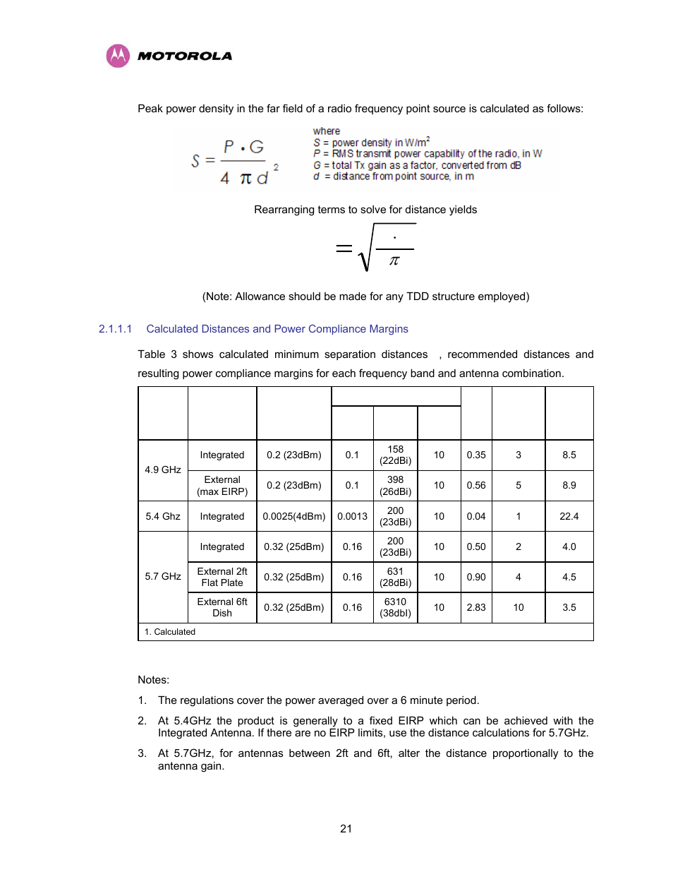 Calculated distances and power compliance margins, Table 3 - power compliance margins, Sg p | Motorola PTP 400 Series User Manual | Page 23 / 208