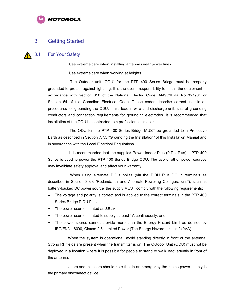 3 getting started, For your safety, Getting started | Motorola PTP 400 Series User Manual | Page 24 / 208