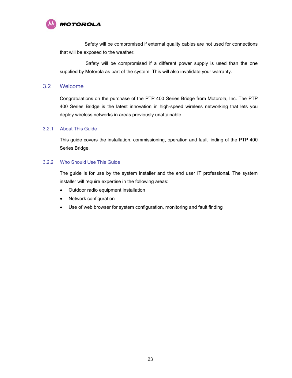 2 welcome, 1 about this guide, 2 who should use this guide | Welcome, About this guide, Who should use this guide | Motorola PTP 400 Series User Manual | Page 25 / 208