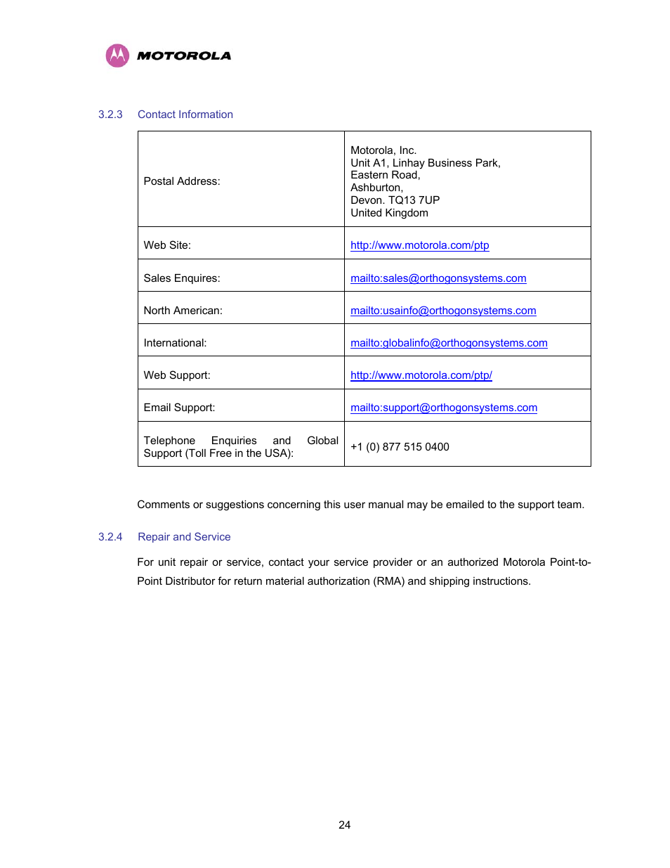 3 contact information, 4 repair and service, Contact information | Repair and service, Table 4 - contact information | Motorola PTP 400 Series User Manual | Page 26 / 208