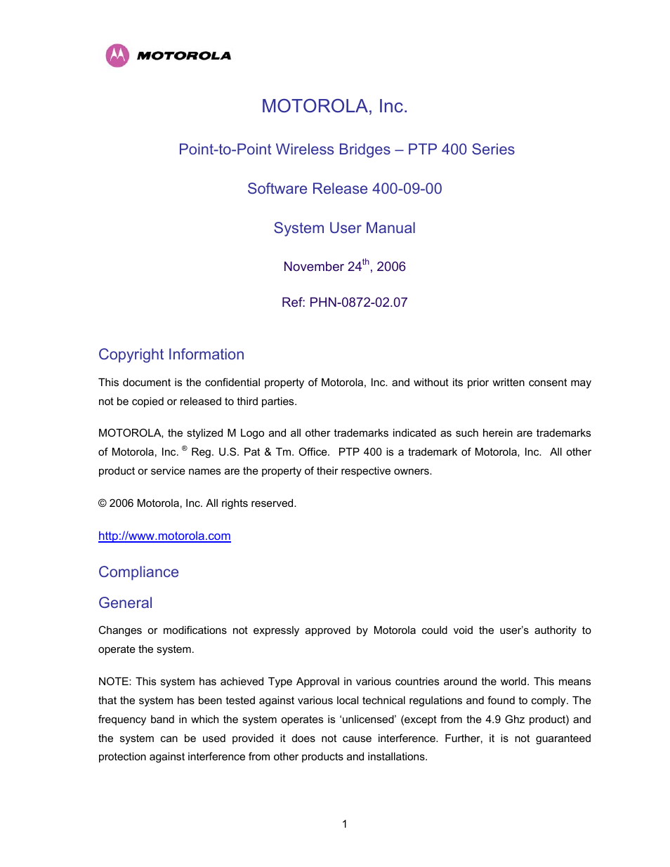 Motorola, inc, Copyright information, Compliance general | Motorola PTP 400 Series User Manual | Page 3 / 208