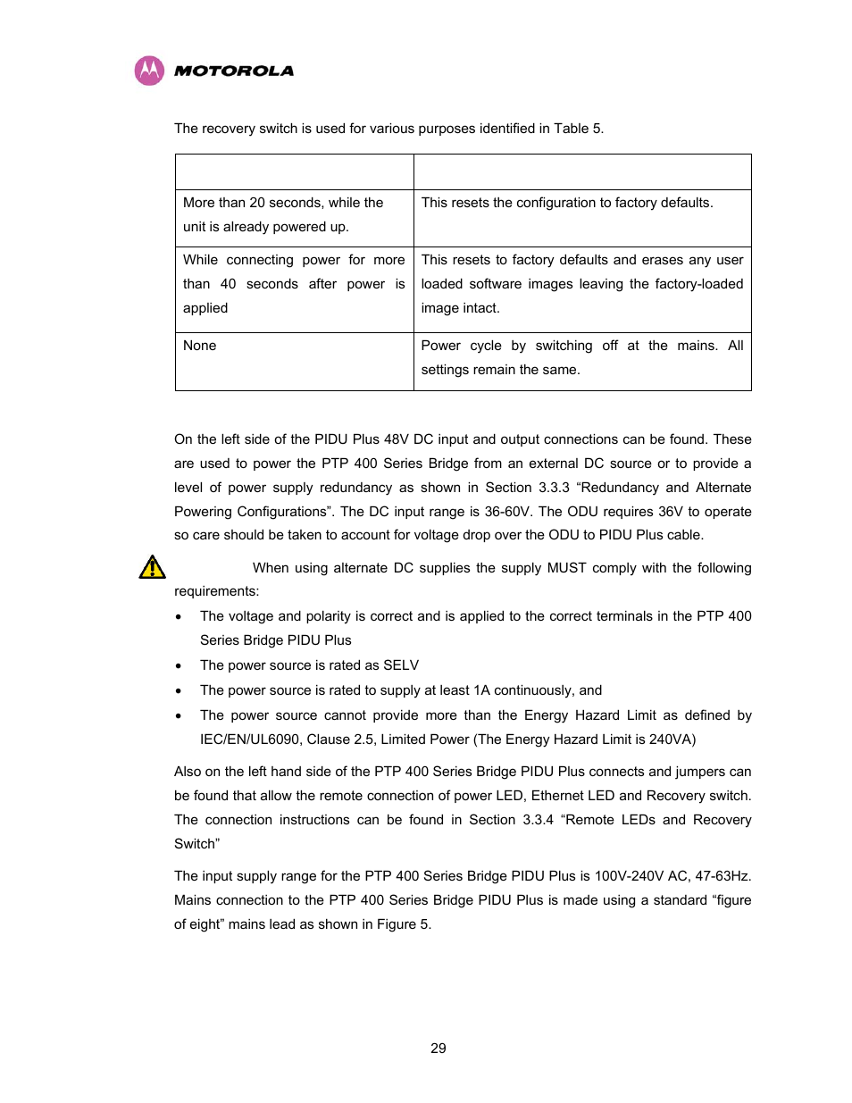 Table 5 - reset actions | Motorola PTP 400 Series User Manual | Page 31 / 208