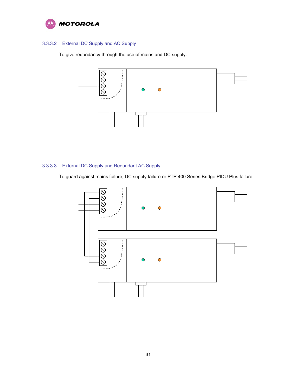 2 external dc supply and ac supply, 3 external dc supply and redundant ac supply, External dc supply and ac supply | External dc supply and redundant ac supply, Figure 7 - external dc supply and ac supply | Motorola PTP 400 Series User Manual | Page 33 / 208