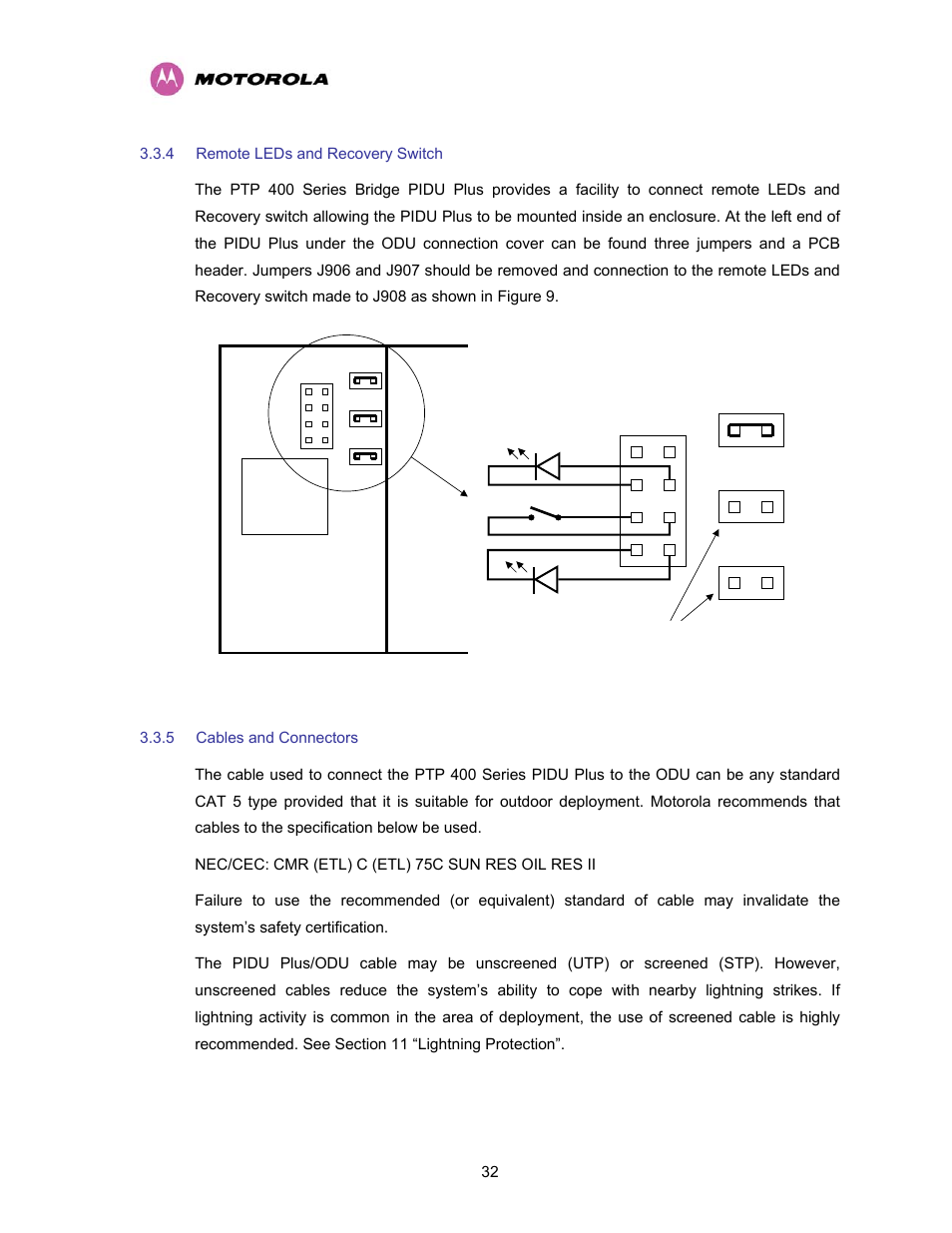 4 remote leds and recovery switch, 5 cables and connectors, Remote leds and recovery switch | Cables and connectors, Figure 9 - remote led and recovery switch wiring, Remote leds and recovery, Switch | Motorola PTP 400 Series User Manual | Page 34 / 208