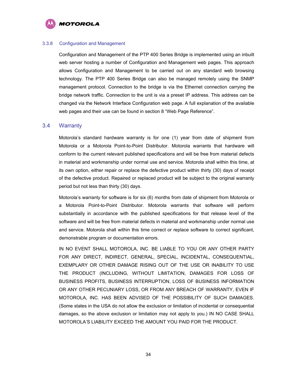 8 configuration and management, 4 warranty, Configuration and management | Warranty | Motorola PTP 400 Series User Manual | Page 36 / 208