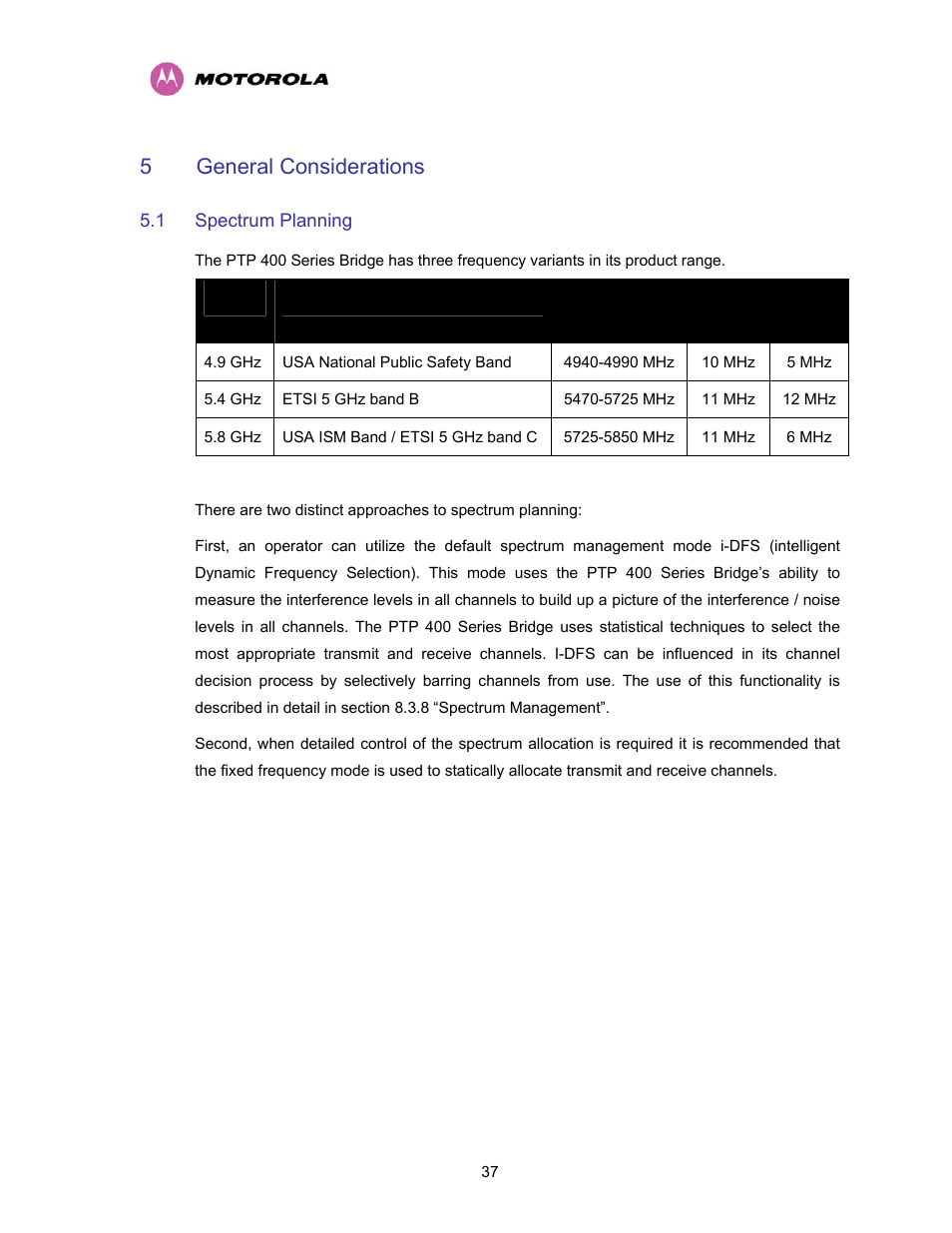 5 general considerations, 1 spectrum planning, General considerations | Spectrum planning, Table 6 - ptp 400 series bridge frequency variants, 5general considerations | Motorola PTP 400 Series User Manual | Page 39 / 208