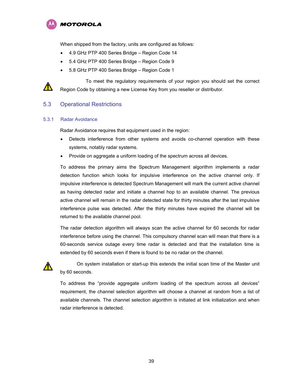 3 operational restrictions, 1 radar avoidance, Operational restrictions | Radar avoidance | Motorola PTP 400 Series User Manual | Page 41 / 208