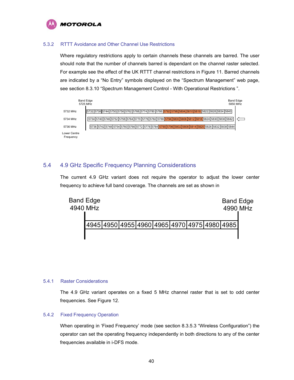 1 raster considerations, 2 fixed frequency operation, Rttt avoidance and other channel use restrictions | 9 ghz specific frequency planning considerations, Raster considerations, Fixed frequency operation, Figure 11 - 5.8 ghz uk rttt channel avoidance, Figure 12 - 4.9 ghz spectrum settings | Motorola PTP 400 Series User Manual | Page 42 / 208