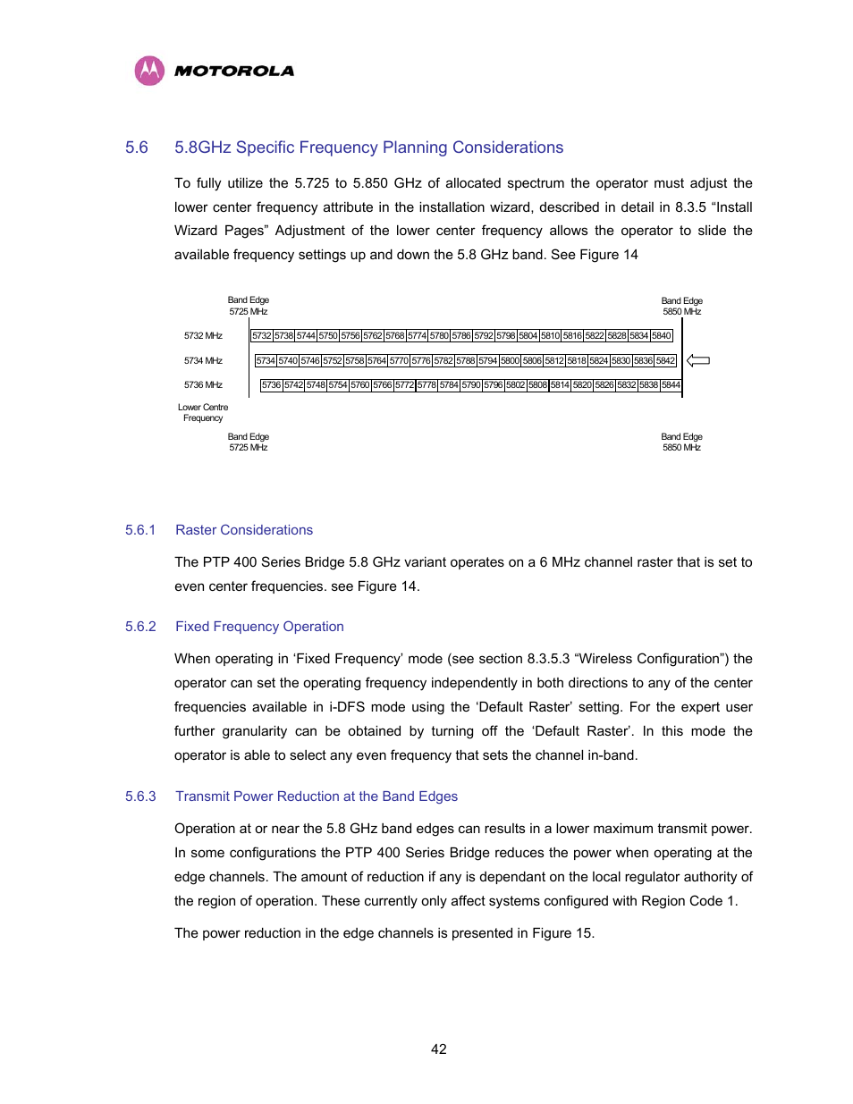 1 raster considerations, 2 fixed frequency operation, 3 transmit power reduction at the band edges | 8ghz specific frequency planning considerations, Raster considerations, Fixed frequency operation, Transmit power reduction at the band edges, Figure 14 - 5.8 ghz available spectrum settings | Motorola PTP 400 Series User Manual | Page 44 / 208