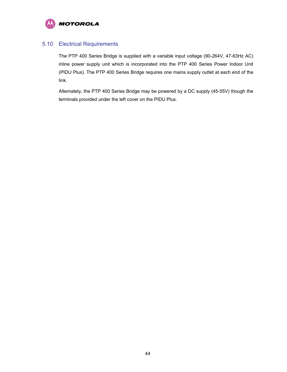 10 electrical requirements, Electrical requirements | Motorola PTP 400 Series User Manual | Page 46 / 208