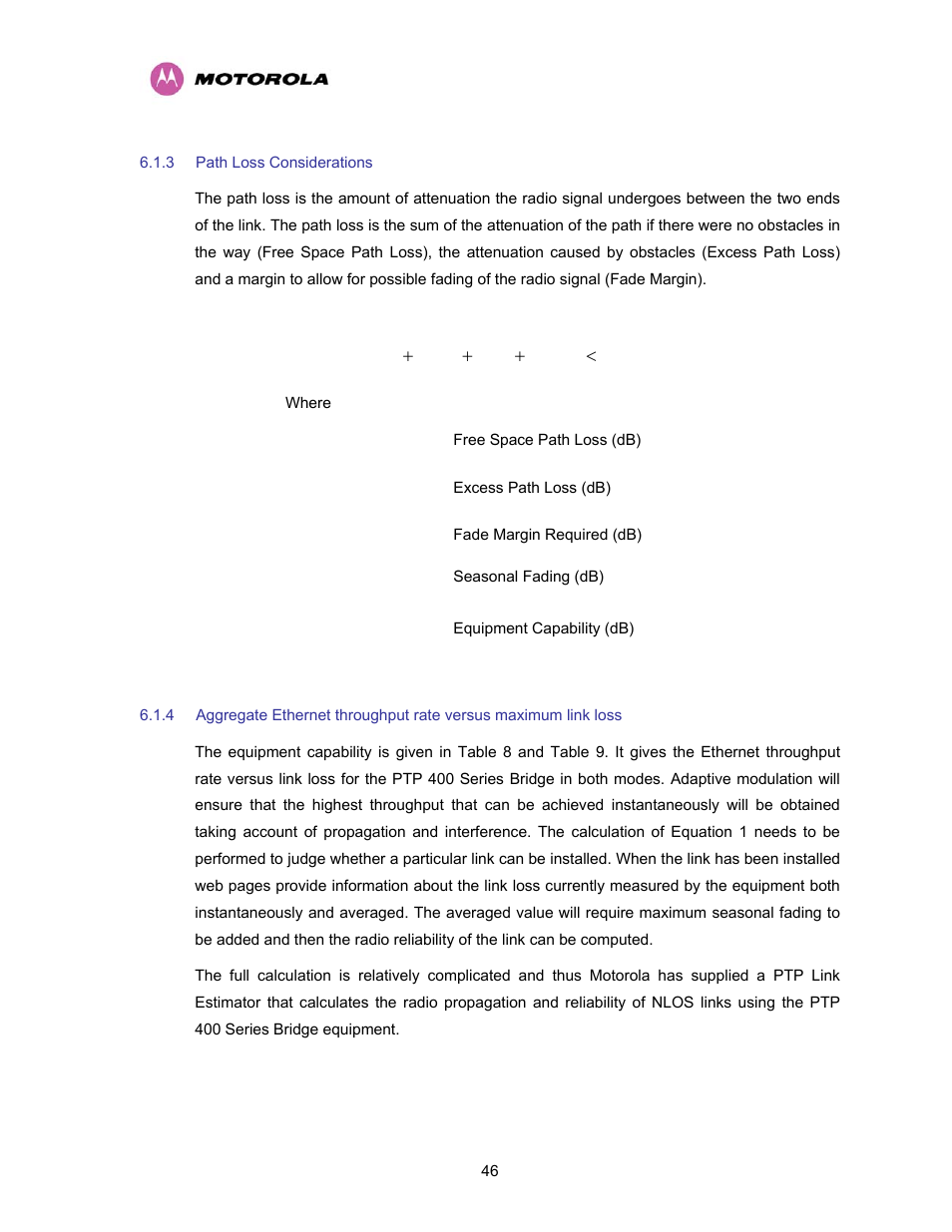 3 path loss considerations, Path loss considerations, Equation 1 - path loss | Motorola PTP 400 Series User Manual | Page 48 / 208