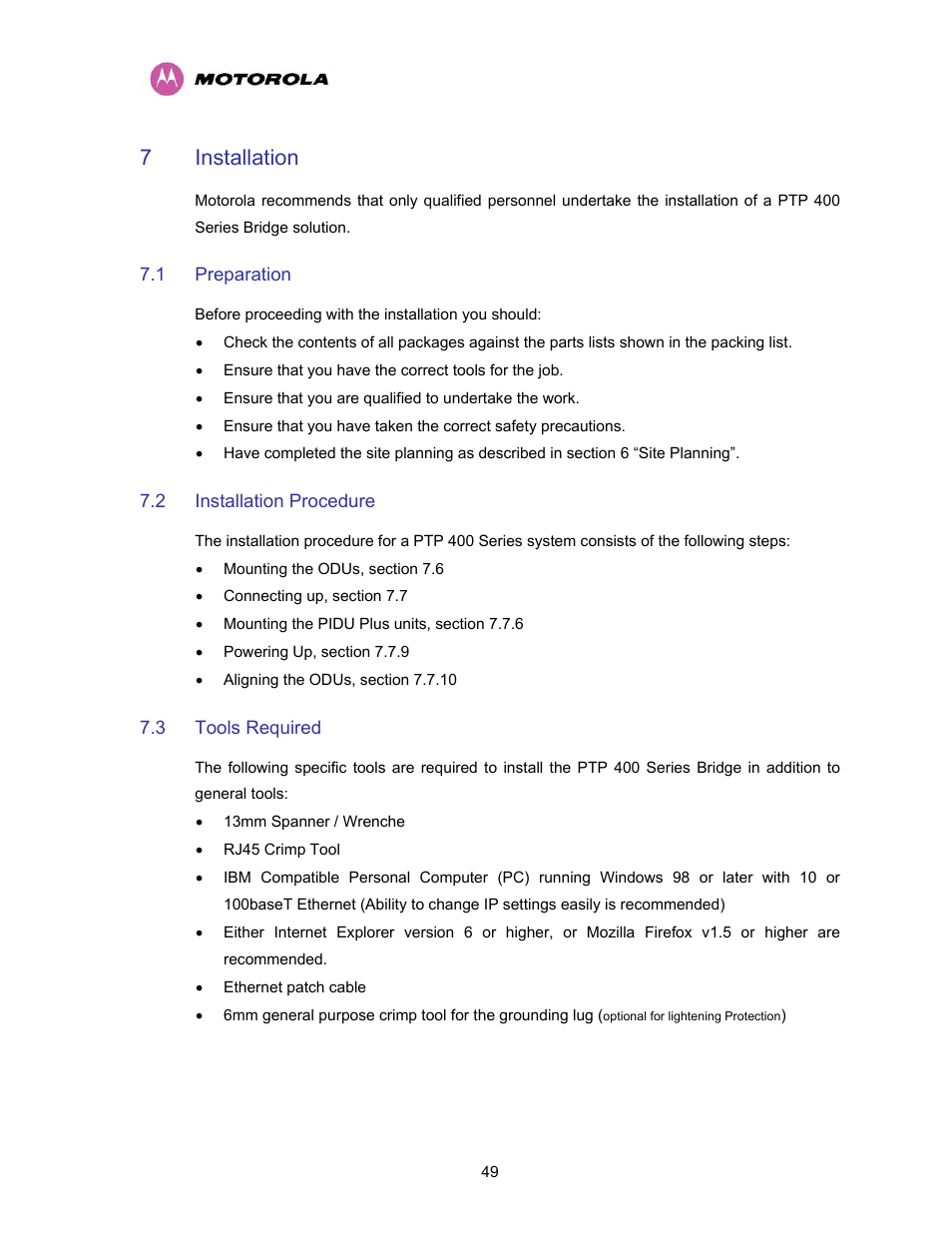 7 installation, 1 preparation, 2 installation procedure | 3 tools required, Installation, Preparation, Installation procedure, Tools required | Motorola PTP 400 Series User Manual | Page 51 / 208