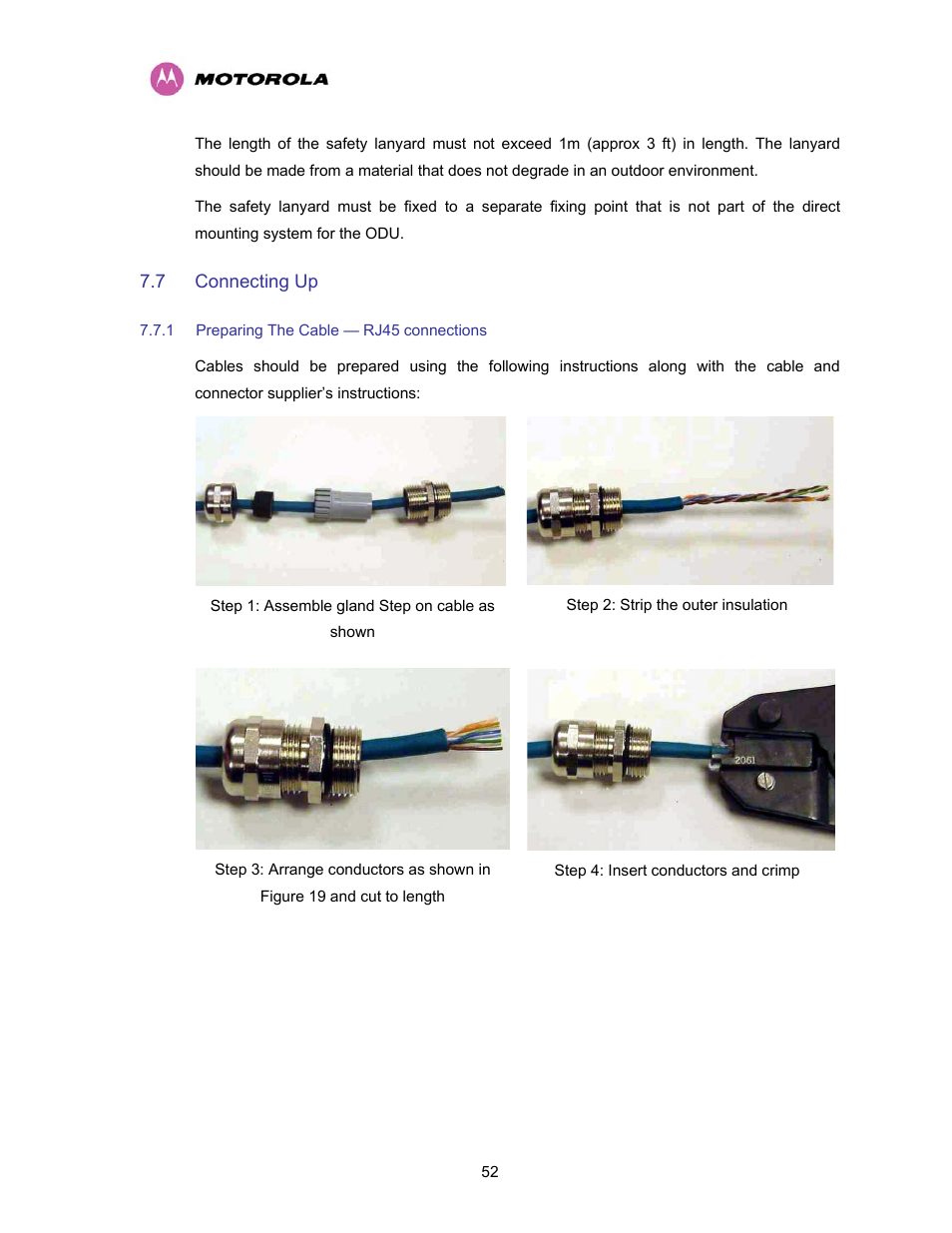 7 connecting up, 1 preparing the cable — rj45 connections, Connecting up | Preparing the cable — rj45 connections | Motorola PTP 400 Series User Manual | Page 54 / 208