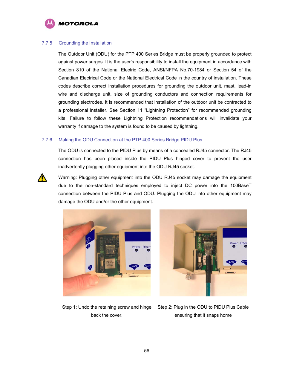 5 grounding the installation, Grounding the installation | Motorola PTP 400 Series User Manual | Page 58 / 208