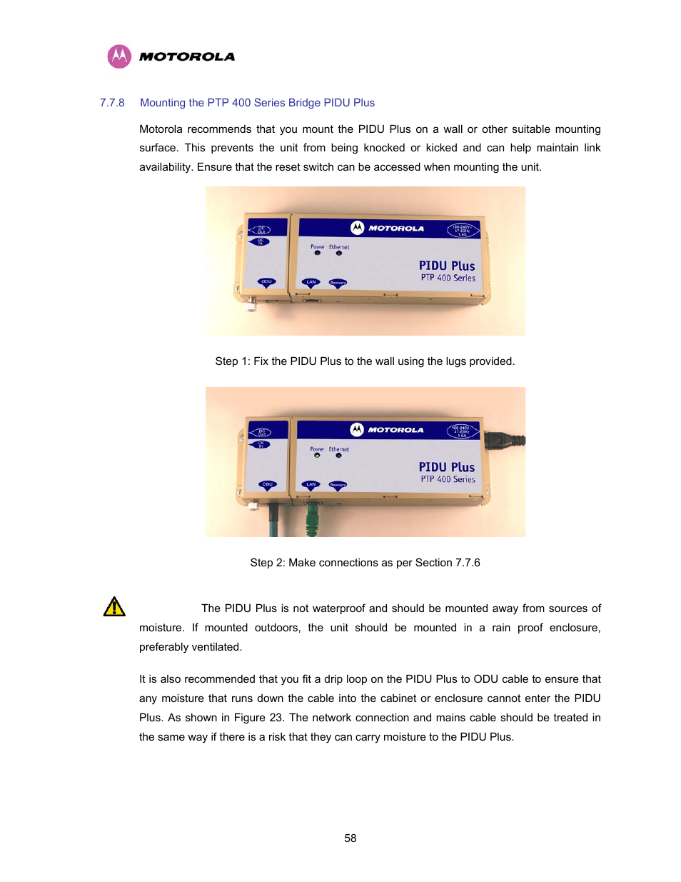 8 mounting the ptp 400 series bridge pidu plus, Mounting the ptp 400 series bridge pidu plus, N 7.7.6 | Motorola PTP 400 Series User Manual | Page 60 / 208