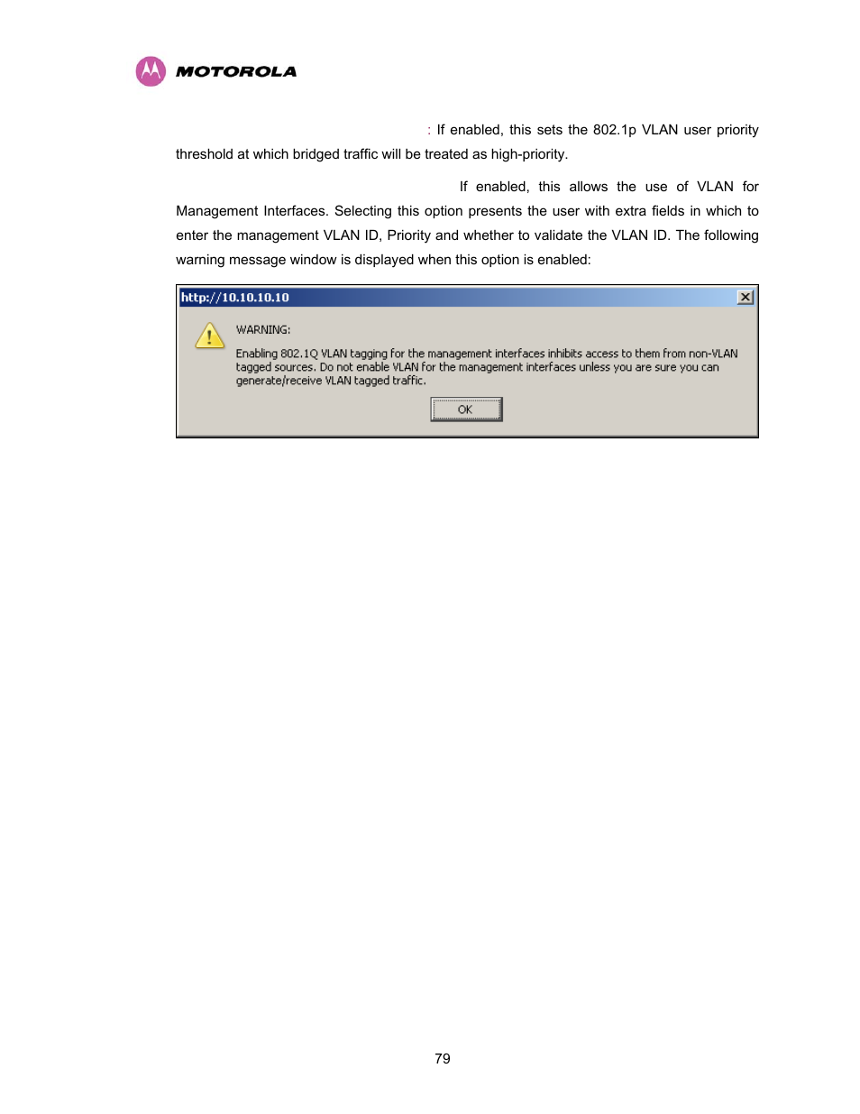 Figure 32 - vlan warning window | Motorola PTP 400 Series User Manual | Page 81 / 208