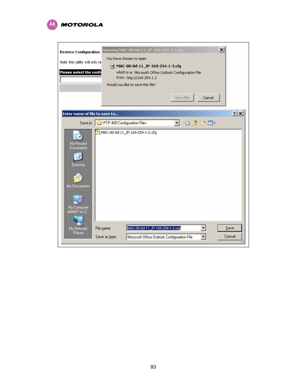 Figure 35 - save configuration file screen, Figure 35 | Motorola PTP 400 Series User Manual | Page 85 / 208